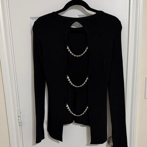 Zara Black Long Sleeve Knit Top with Three Rhinestone Chain Accents